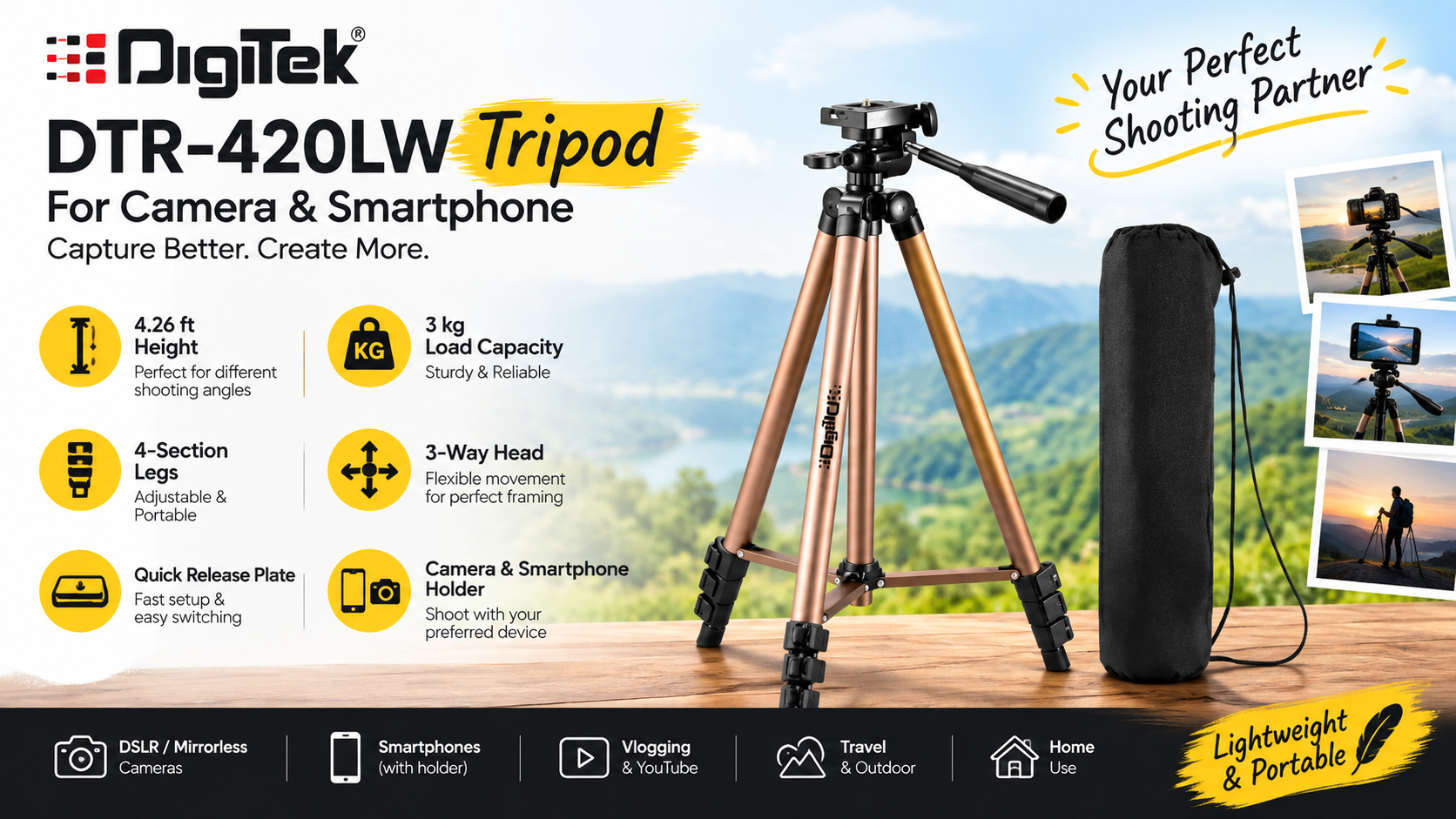 Digitek DTR 550LW Camera & Mobile Tripod Digitek DTR 550LW Lightweight 67 Inch Tripod standing with smartphone and camera mounted