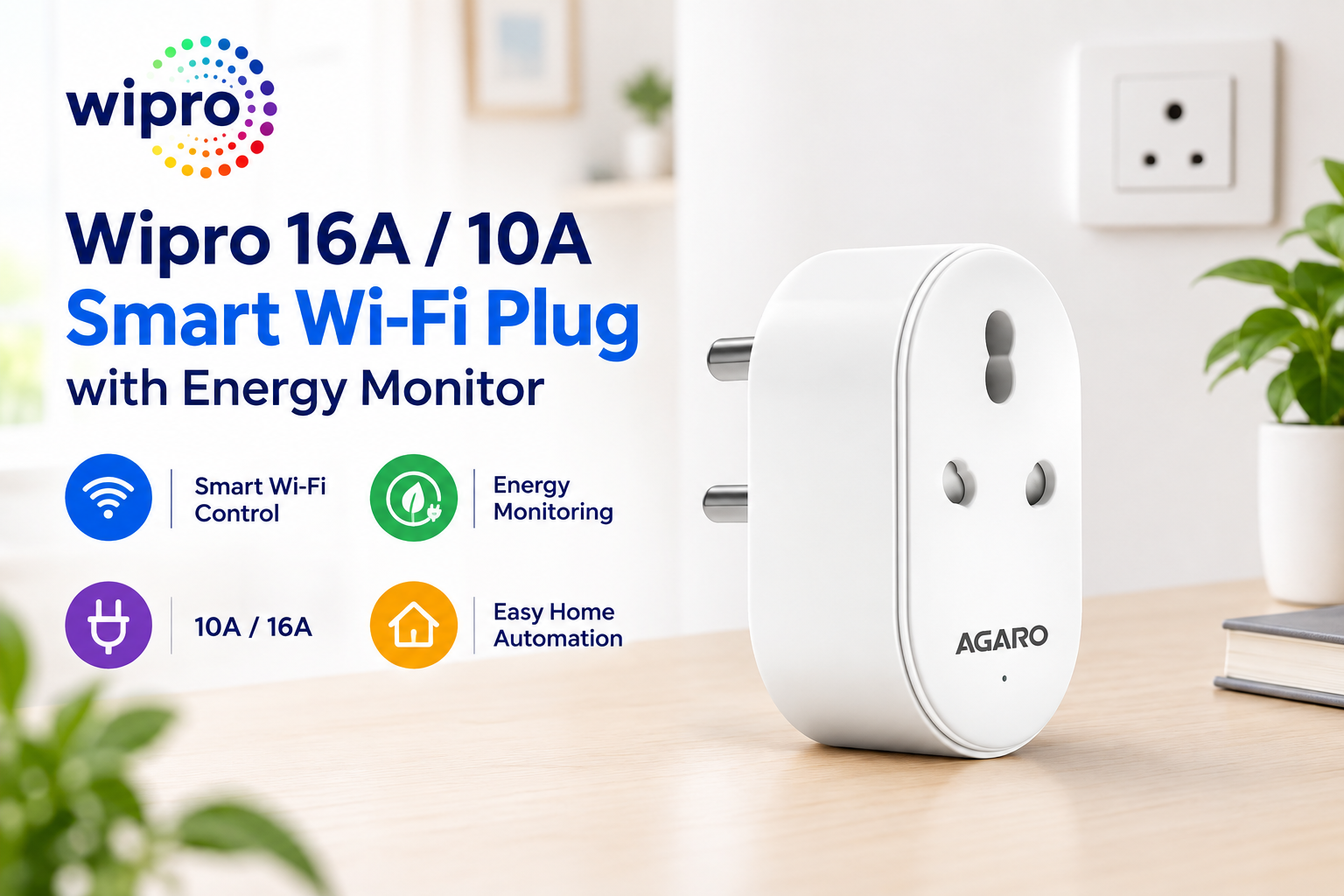 Wipro 16A Smart Wi-Fi Plug Wipro 16A Smart Wi-Fi Plug with Energy Monitor plugged into wall socket