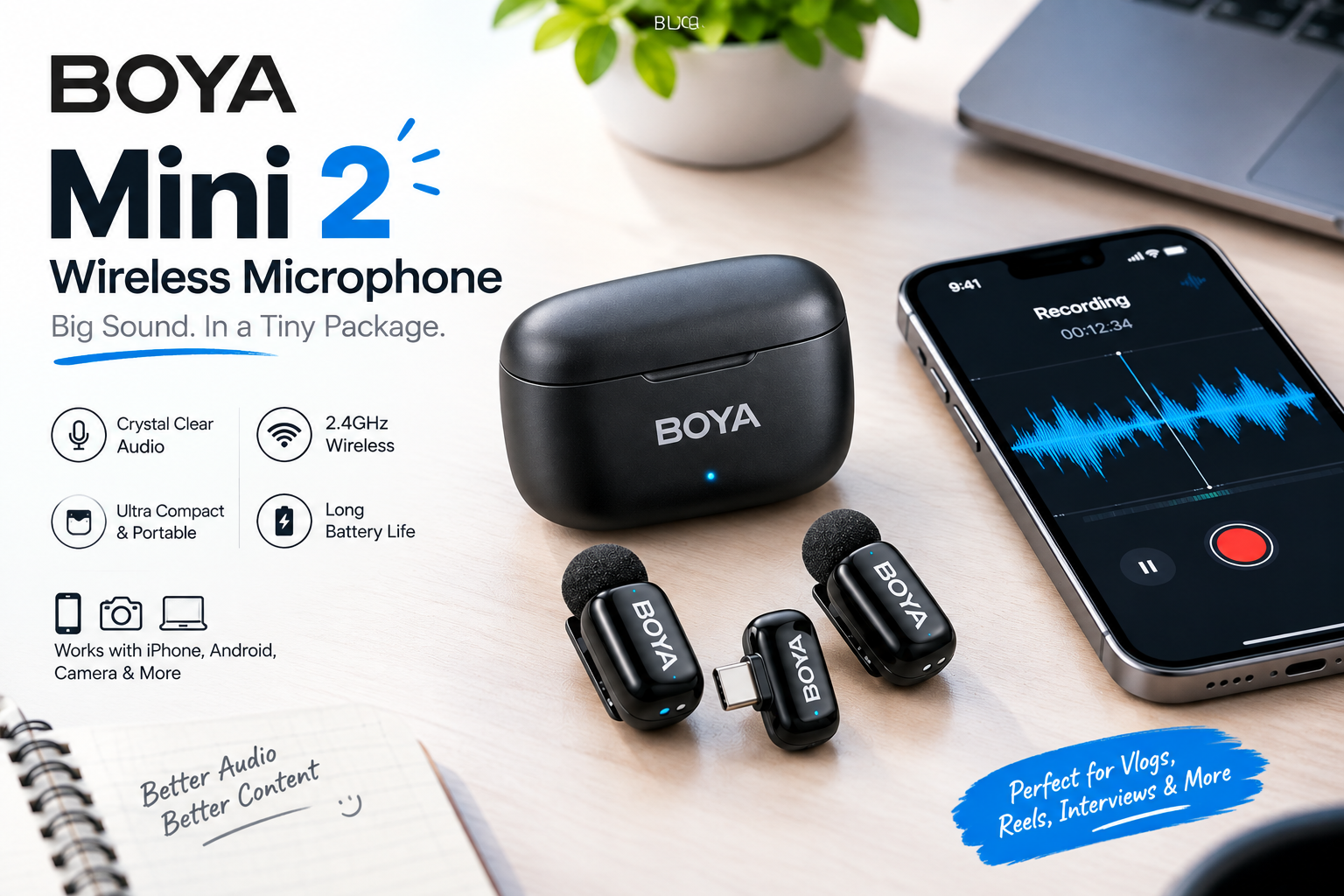 BOYA Mini 2 Wireless Lavalier Microphone BOYA Mini 2 ultra-compact wireless microphone with charging case and smartphone receiver